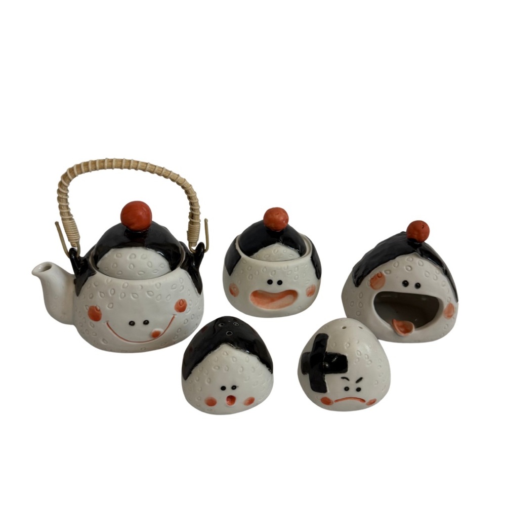 KATO KOGEI Japan Hand Painted Porcelain Onigiri 5 pc kitchen Set. Tea Pot, Salt